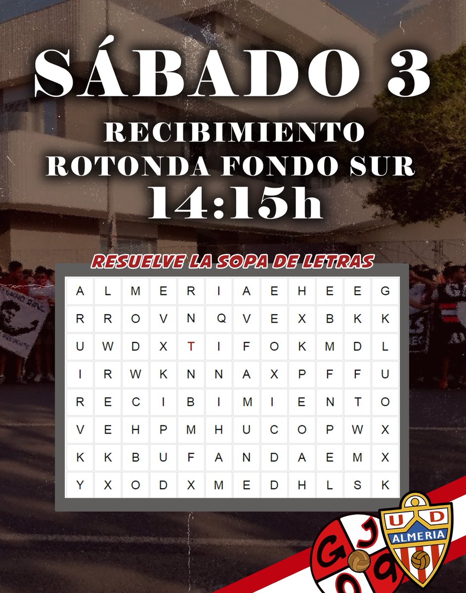UD Almería - Granada CF. 

Adivina qué tenemos preparado… 🤔📣

🗓️ Sábado 03/01
🕐 14:15h
📍Rotonda Fondo Sur