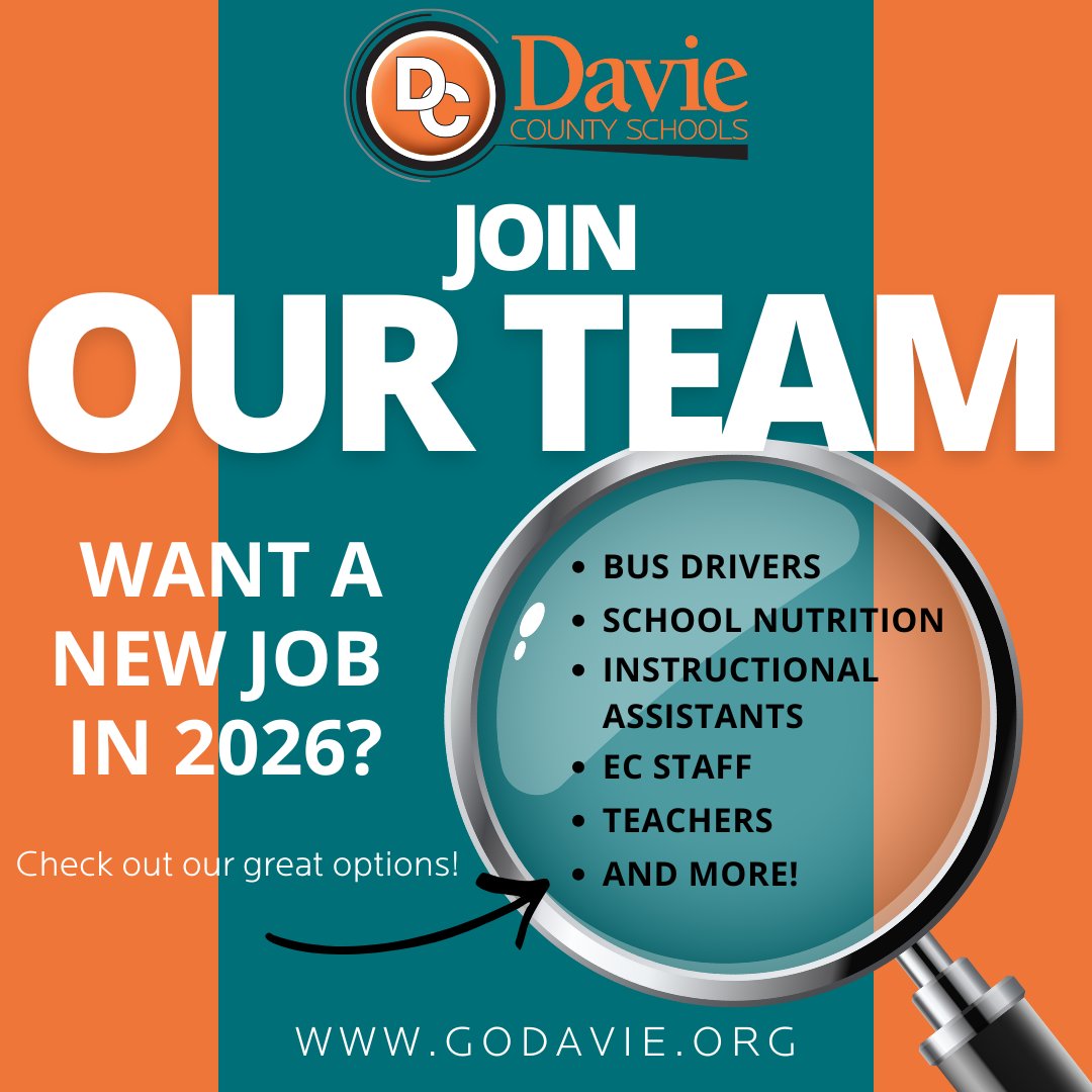 DavieCountySch's tweet photo. New year, new opportunity! 🎉
Looking for a job that fits your family’s schedule? Davie County Schools offers great benefits, supportive teams, and the chance to make a difference. Explore our 2026 job openings at the link below.

https://t.co/R0toMnT4xp https://t.co/nDsf1LnRon