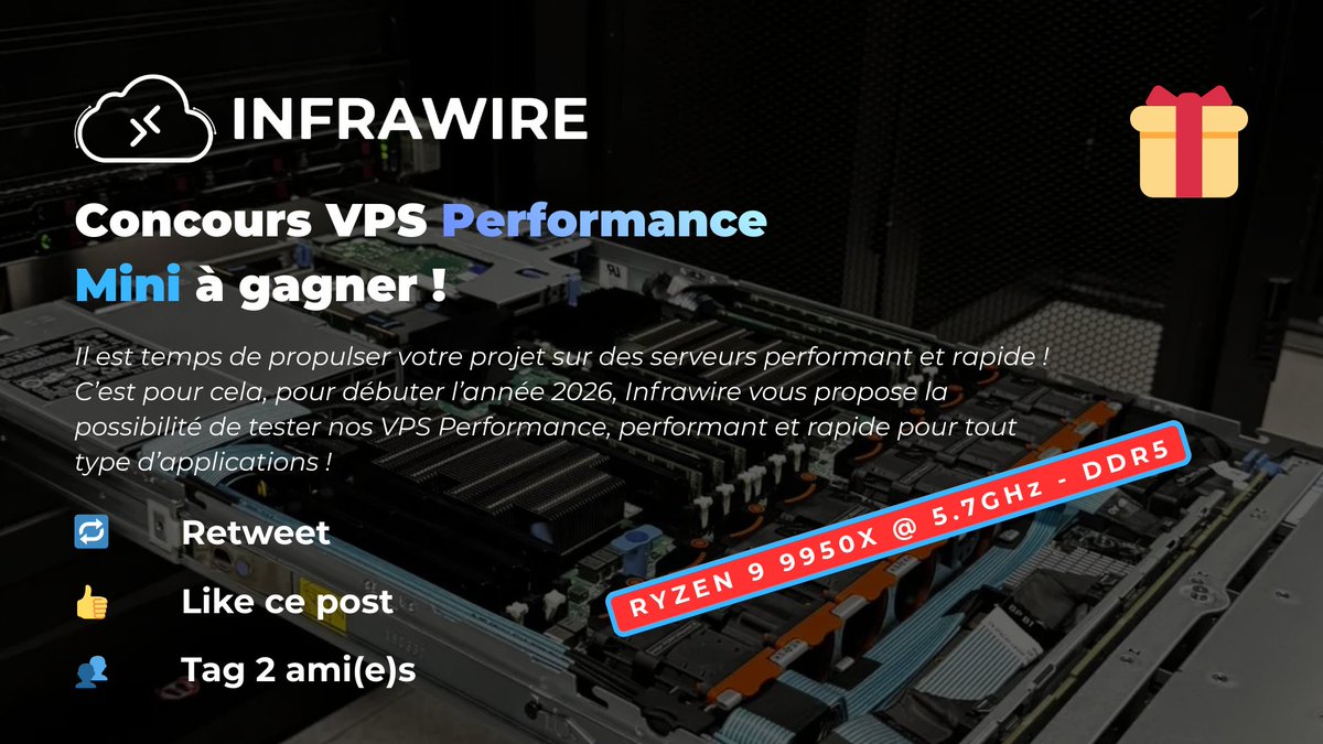 🎁 Concours ! VPS Performance Mini à gagner !

Tirage au sort le 10/01 !

❤️ Suivre <a href="/InfrawireHost/">INFRAWIRE</a> 
🔁 Retweet
👍 Like ce post
👥 Tag 2 ami(es)

#IT #Server #Cloud #Network #VPS #Hosting