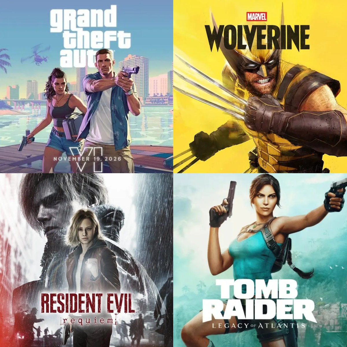 This year, 2026, includes the most anticipated games: 🔥🔥
1. Grand Theft Auto VI6
2. Marvel's Wolverine
3. Resident Evil Requiem
4. Tomb Raider: Legacy of Atlantis