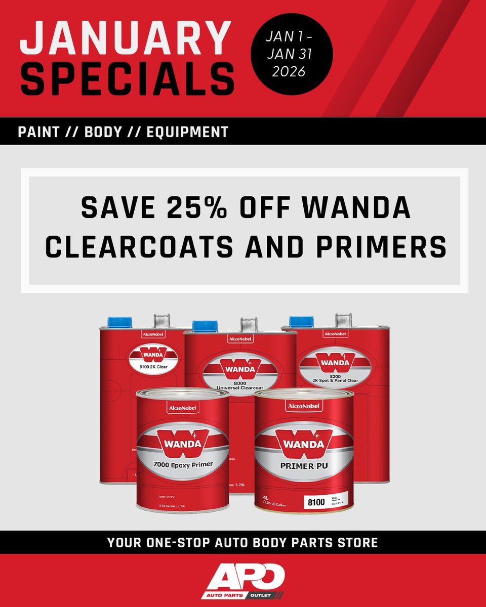 YourAPO's tweet photo. This January Save 25% Off All Wanda Clearcoats and Primers

Experience exceptional coverage, lasting durability, and brilliant shine — all at 25% off for a limited time.

Save in store today or online at https://t.co/lFsNxgUS2a https://t.co/eL9AcJh0b7