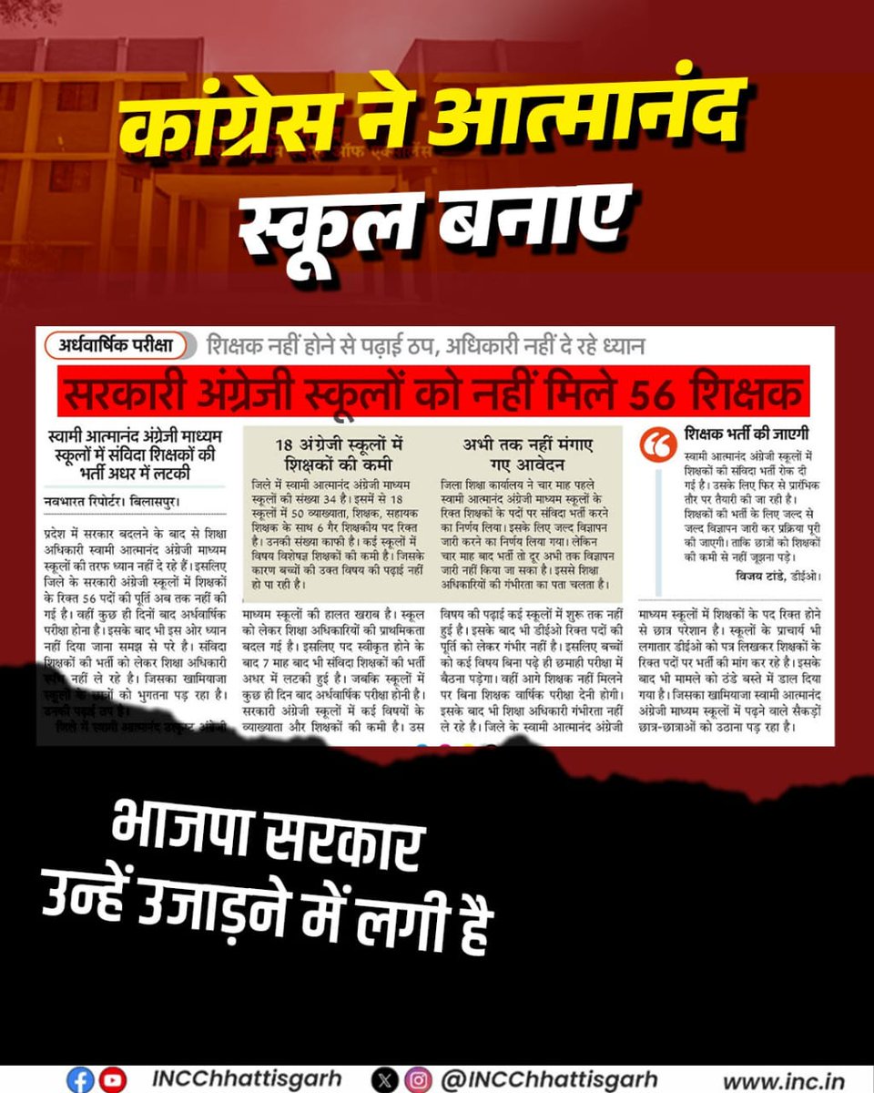 भाजपा सरकार की लापरवाही से शिक्षा व्यवस्था चरमराई है।

कांग्रेस ने आत्मानंद स्कूल बनाकर भविष्य की राह खोली थी, भाजपा सरकार ने उसी व्यवस्था को उपेक्षा में डाल दिया है।