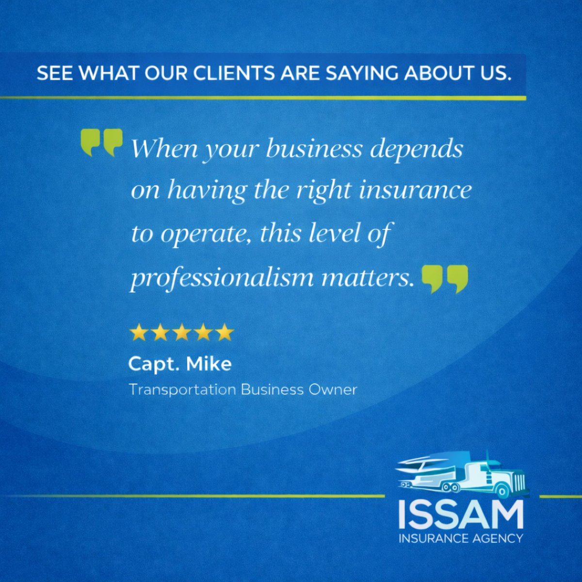 IssamAgency's tweet image. Transportation businesses operate in a highly regulated environment.
From initial placement to renewal strategy, having the right insurance partner makes a difference.
We appreciate the confidence our clients place in our team.
