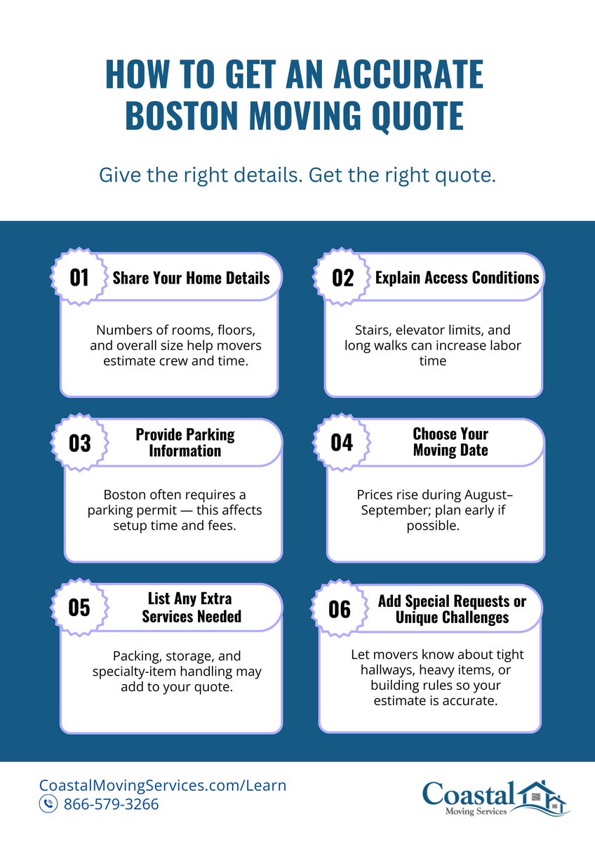 MoveWithCoastal's tweet image. Getting an accurate moving quote starts with the right details. From parking permits to stair access and timing, these small details make a big difference—especially for a Boston move. Save this checklist before you book.

#BostonMoving #movingtips  #stressfreemoves