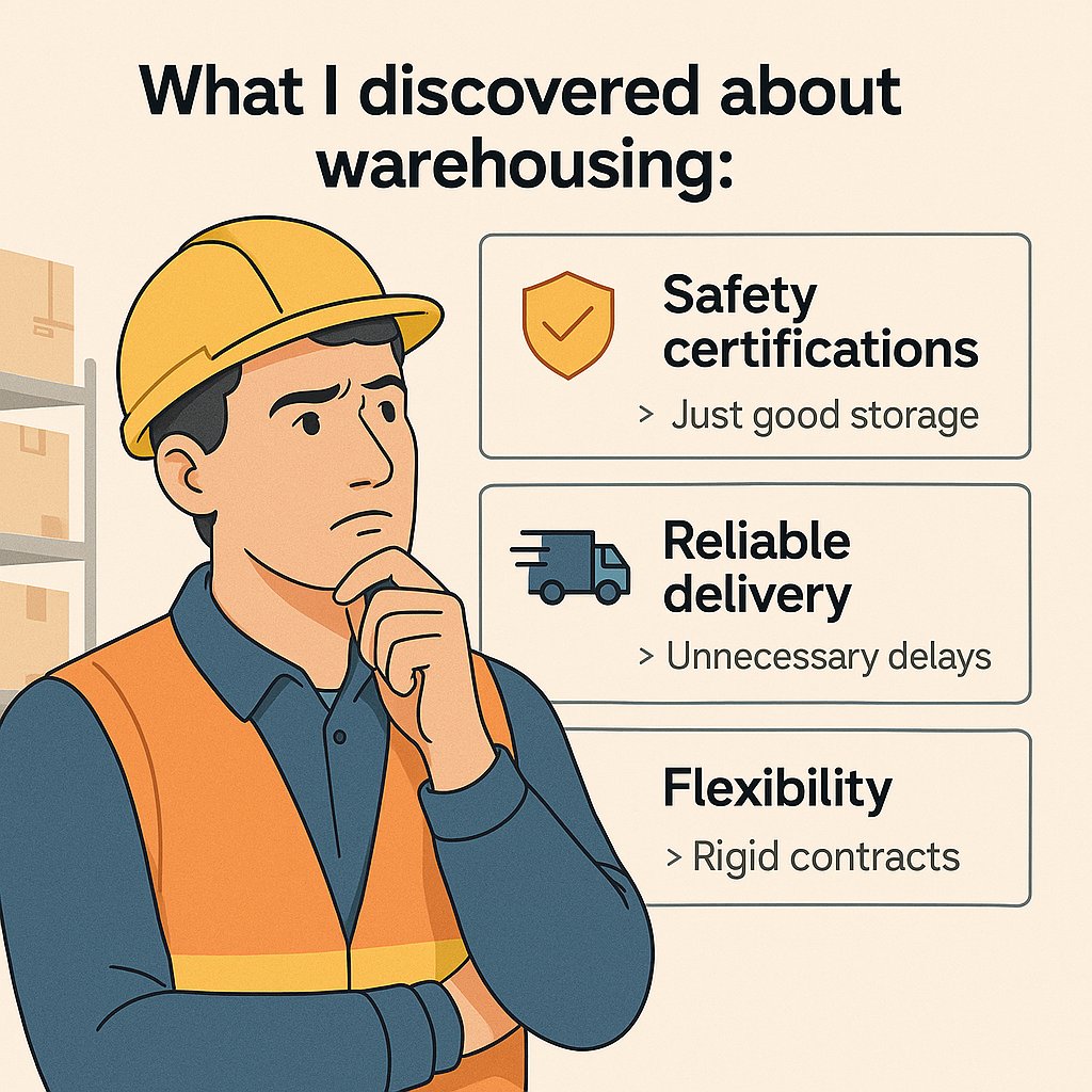 What I discovered about warehousing:  

Safety certifications > Just good storage.  
Reliable delivery > Unnecessary delays.  
Flexibility > Rigid contracts.  

What’s the biggest challenge in your storage game?