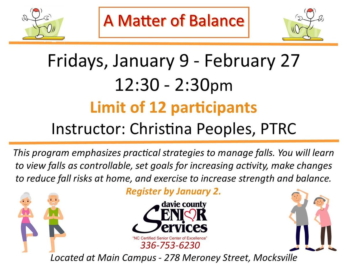 Today’s the last day to register for Davie County Senior Service’s A Matter of Balance classes happening on Fridays from January 9th through February 27th. 

Contact Davie County Senior Services at (336) 753-6230 to register.
