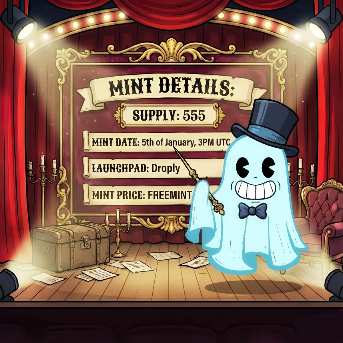 The Ghosts are finally revealing the Mint Details! 👻

Mint Date: 5th Jan
Mint Price: FREE MINT
Launchpad: <a href="/droply_io/">Droply</a>
WL Mint Starts: 3 PM UTC

Like + RT, drop your ETH address, tag 3 friends who never ghost for WL + 3 lucky participants will receive a surprise airdrop