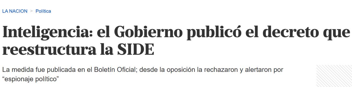 ugemitch's tweet image. El presidente decreta que agentes de la SIDE pueden detener personas sin orden judicial (sí, los libertarios más locos del mundo) y este es el título de La Nación. Si les da fiaca hacer periodismo, cierren y dedíquense a sus otros businesses (que los tienen)