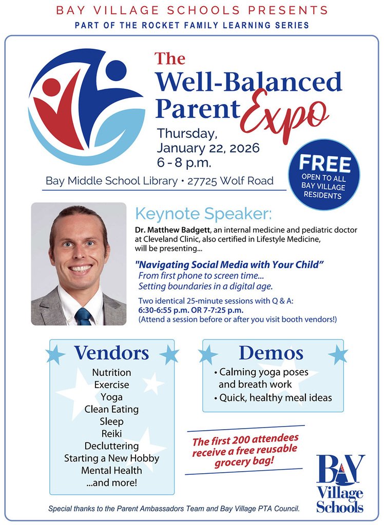 Bay Village Parents &amp; Grandparents! Looking to refresh, reconnect &amp; recharge for 2026? Plan on attending The Well-Balanced Parent Expo event on January 22 from 6-8 p.m. at Bay Middle School. Free for all residents!