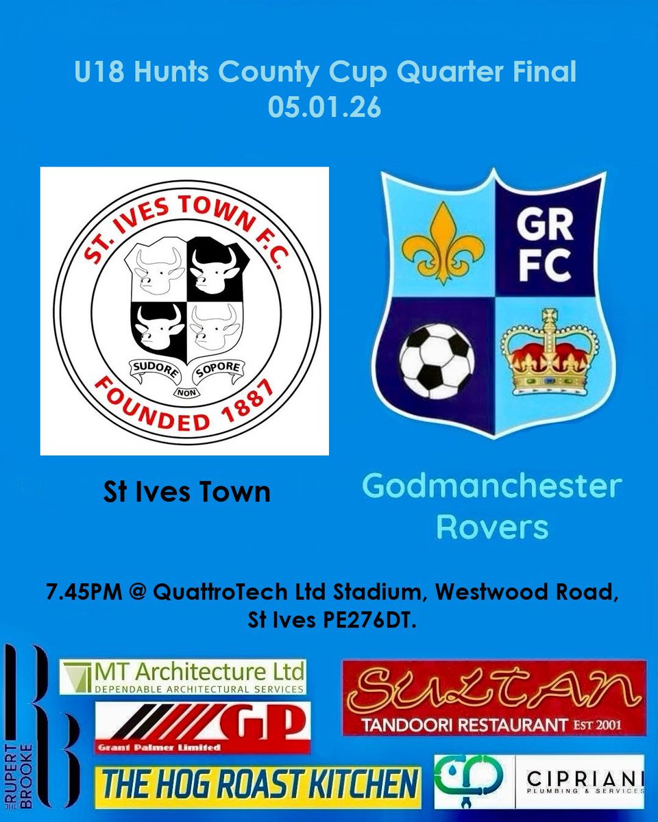 On Monday evening we make the short trip to <a href="/StIvesEducation/">St Ives Town Football (C)lub Academy & U18’s🏆</a> as we face St Ives in the 1/4 final of the Hunts County Cup. COYG 💙🩵