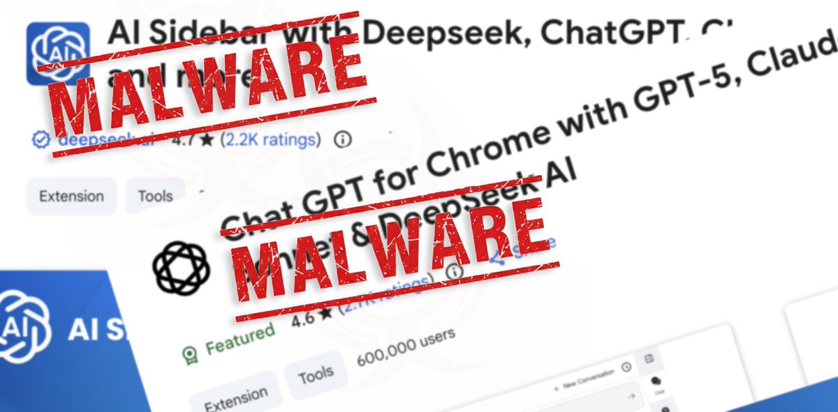 🚨We detected two malicious Chrome extensions stealing ChatGPT and DeepSeek conversations🚨

Read our blog for all the details:
ox.security/blog/malicious…

#malware #chrome #extensions #security