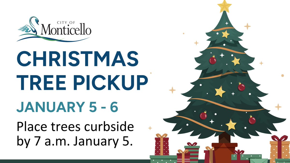 Christmas tree pickup: January 5-6!
This is a free service for City of Monticello residents. Place your Christmas tree curbside by 7 a.m. on Monday, January 5. Crews will pick up trees through Tuesday, January 6.

MonticelloMN.gov/CivicAlerts.as…