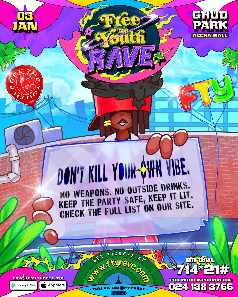 ftyrave's tweet image. DON’T COME KILL THE VIBE, LET RAVE CLEAN, NO SOCIAL BAD ENERGY WILL BE TOLERATED ❤️‍🔥🦅

SECURE YOUR PASS AT ftyrave.com OR DIAL *714*21#

#FreeTheYouth #ftyrave #TheRave  #SlamDunk jumpman23 JordanIsHere