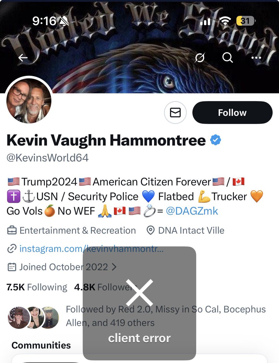 DeniseHollisHI's tweet photo. Client Error 😡
My Next Folow Is @KevinsWorld64
He Posted About Red Friday 👍
#REDFriday
#RedFriday
#SupportOurTroops
👀 At His Bio 🤩🤩🤩🤩🤩
#SmallAccountsMatter
#Trump
#MAGA
#KeepHashtagging
“Just Grok It”
@Just_Grok_It https://t.co/19i4mIKFHF