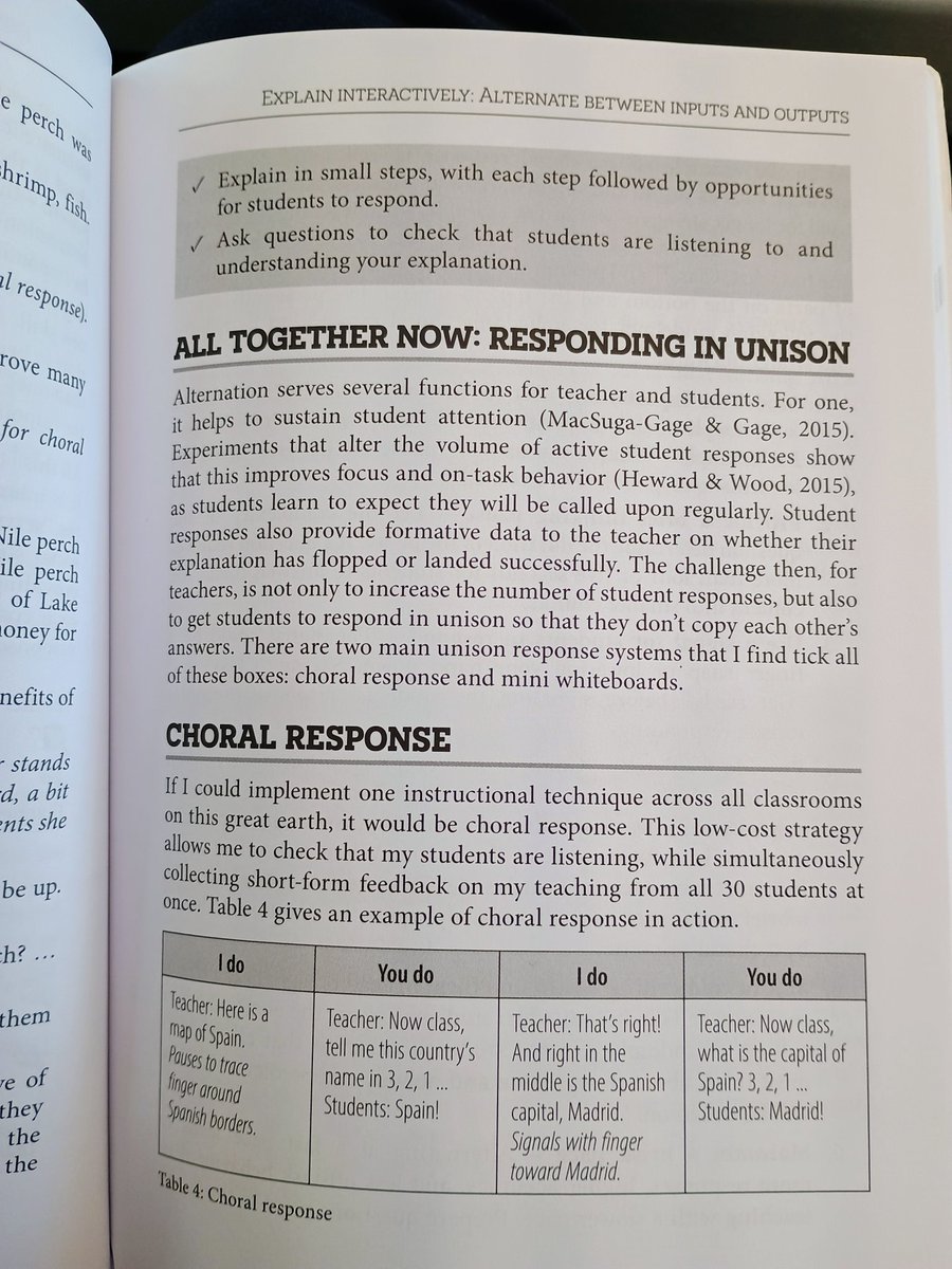 MrLandesman's tweet image. Teaching technique I never encountered at Teachers College: choral response. From "Just Tell Them" by @MrZachG