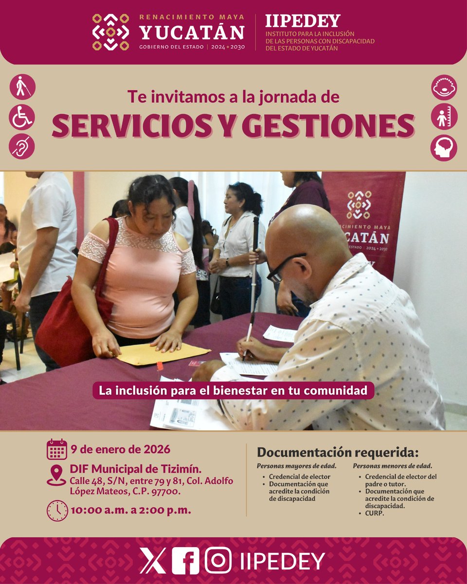 IIPEDEY's tweet image. Este 9 de enero, llevamos nuestra Jornada de Servicios y Gestiones a #Tizimín, acercando la atención a las personas con discapacidad en los municipios de Yucatán.

⭐️Asesorías y más
📍Calle 48 s/n, entre 79 y 81, Col. Adolfo López Mateos, C.P. 97700.

#RenacerConInclusión 🤟