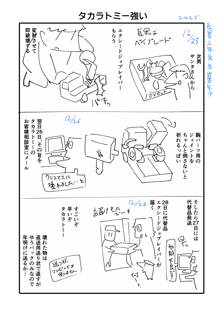 クリスマスプレゼントが秒で壊れたので
タカラトミーにメールしたら瞬間対応してくれました。
タカラトミーやレゴ社は中身に問題あれば(パーツ足りないとか)
ちゃんと対応してくれてありがたい。
だがアマ〇〇、テメーはだめだ。
届いていないものを届きましたと完了させて返金だけで対応するな…。 
