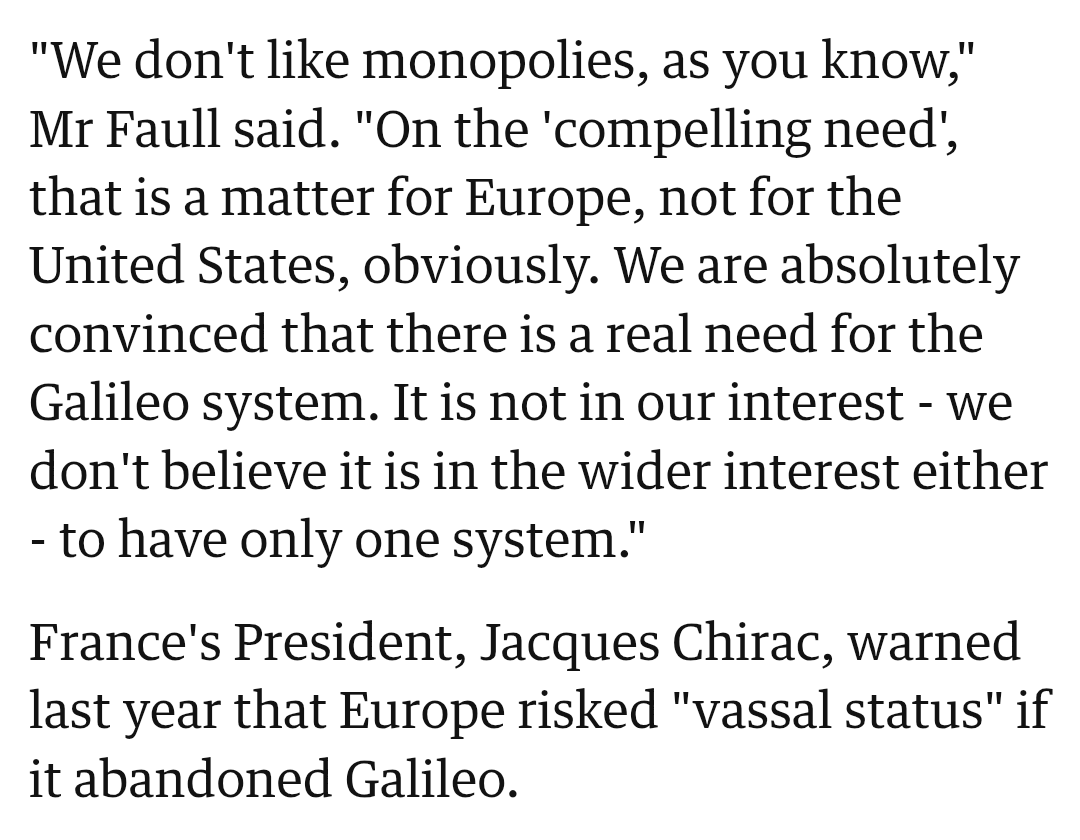 23 years ago, America tried to stop the European GPS system Galileo from existing. 

Europe ignored the criticism, and decided to push through. Now, Galileo is the most accurate navigation system in the world!

When Europe unites and decouples from the USA, we lead the world! 🇪🇺