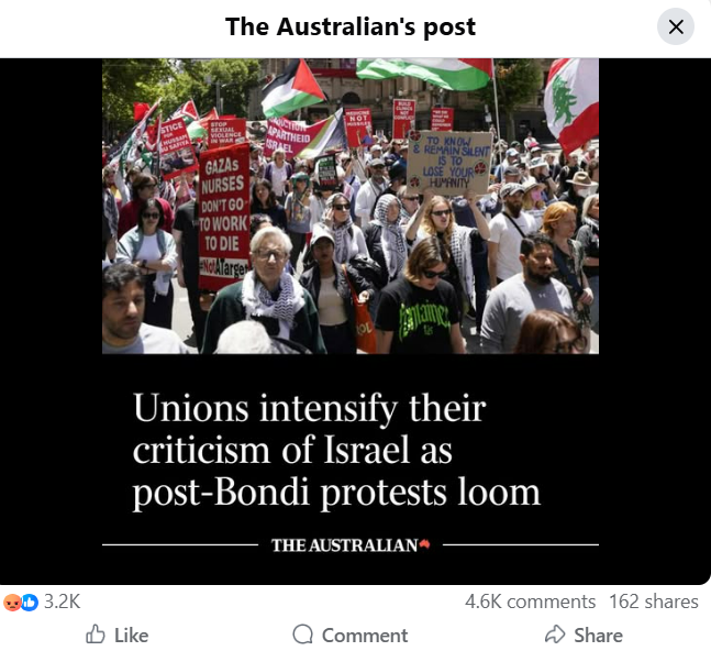 anonymous_julie's tweet photo. @timand2037 Especially media. Totally misleading and deliberately inflationary. 

The Oz now union bashing, conflating right to protest with anti-Israel rhetoric. 

Increased use on FB as a megaphone, where many of the uneducated continue to repeat garbage news 

#MurdochGutterMedia #MediaRC https://t.co/CYlYH42StC