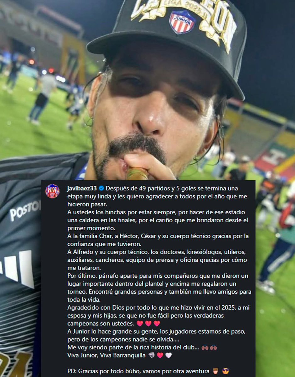 ❎ Javier Báez se despidió de Junior. El central paraguayo finalizó el contrato y no fue comunicado para negociar la renovación.