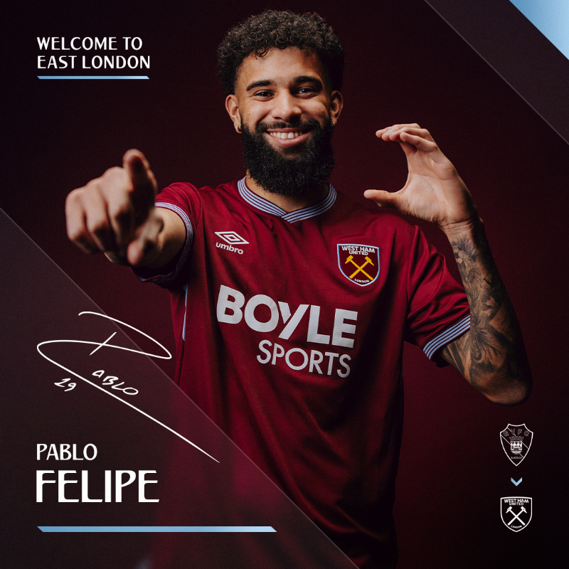 WestHam's tweet photo. West Ham United is delighted to announce the signing of Pablo Felipe ⚒️