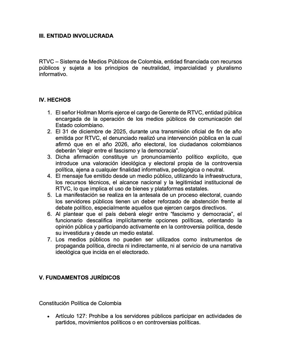 He radicado denuncia ante el CNE y la Procuraduría contra <a href="/HOLLMANMORRIS/">Hollman Morris</a> por participación indebida en política usando medios públicos <a href="/RTVCnoticias/">RTVC Noticias</a>.
¡La democracia se defiende!