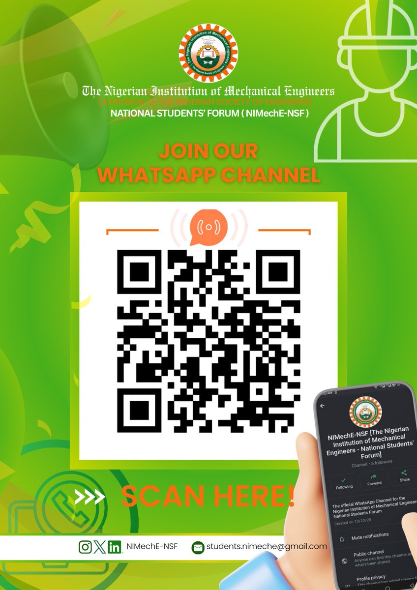 🚨Update 🚨🚨🚨

Join the official WhatsApp Channel for the NIMechE-NSF via the link below 👇 👇 👇 

Link 🔗 : whatsapp.com/channel/0029Vb…

#NIMechE-NSF #mechanical  #newyear #Engineering