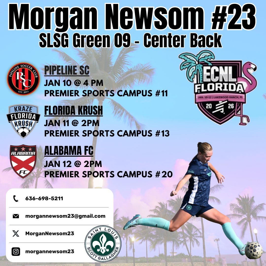 Starting the year off strong with #ECNLFL! Looking forward to competing in the sunshine ☀️🏖️
<a href="/ImYouthSoccer/">ECNL/GA/Recruiting/College Soccer</a> <a href="/ECNLgirls/">ECNL Girls</a> <a href="/ImCollegeSoccer/">College Soccer Truth ™</a> <a href="/TheSoccerWire/">SoccerWire</a> <a href="/SLSGSoccerClub/">Scott Gallagher Soccer Club</a>