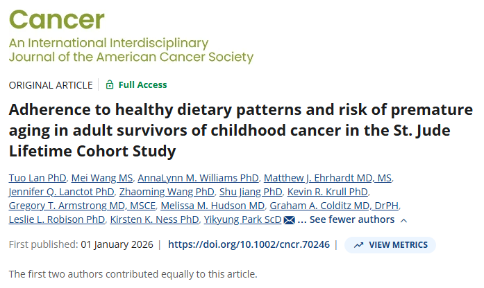 JournalCancer's tweet photo. New study led by Tuo Lan PhD of @washumedicine and AnnaLynn M. Williams PhD of @WilmotCancer | Adherence to a healthy diet may contribute to reducing the premature aging risk in adult survivors of #ChildhoodCancer.
https://t.co/VgYfz70FOc
@OncoAlert @StJudeResearch #PedCSM https://t.co/ymc1yZMpVG