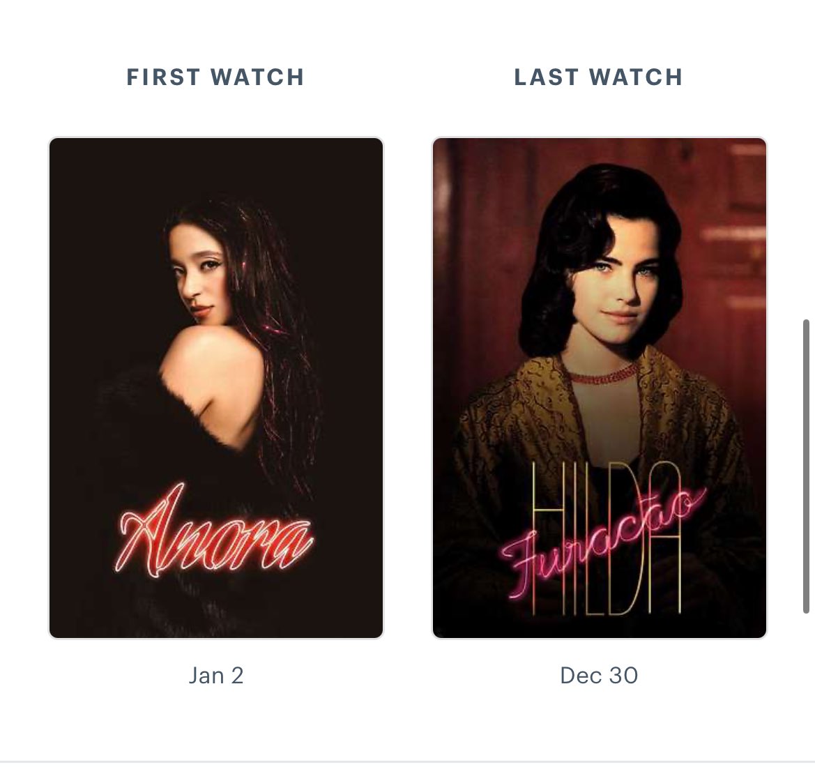 02 jan- Anora
30 dez- Hilda Furacão 

Só uma se deu bem nessa história