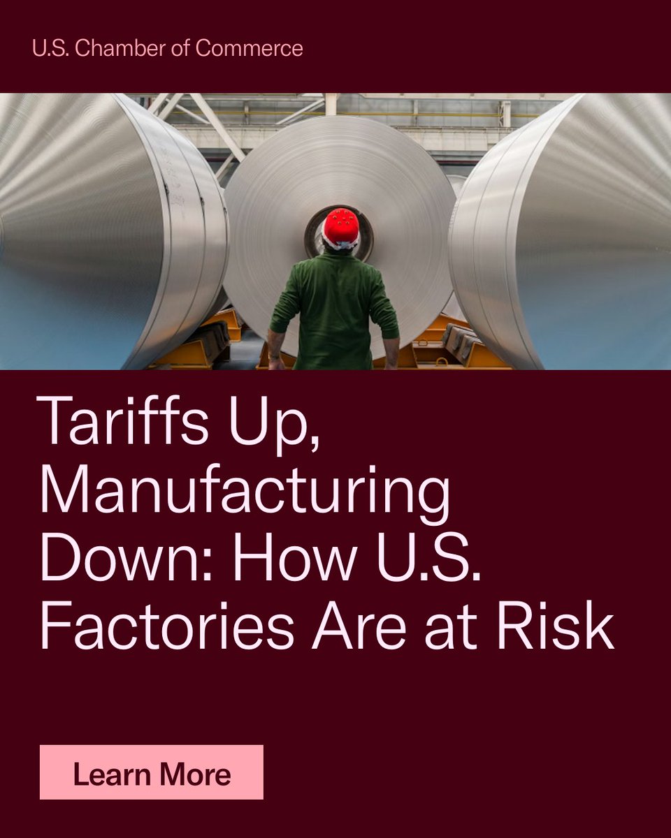 USChamber's tweet image. More than half of U.S. imports are the raw materials and components manufacturers need to build here at home.

New tariffs are making it harder, and the consequences are adding up. Explore how tariff policies are reversing manufacturing gains. bit.ly/4qhRCvg