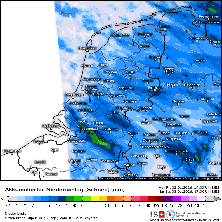 Ook morgen zijn er talrijke sneeuwbuien te verwachten die een sneeuwdek achterlaten in Nederland en België. Hier vooral in het zuiden, maar er zijn ook berekeningen die de focus op het midden leggen. Zelfs een klap winteronweer is niet uitgesloten door zeer koude bovenluchten.