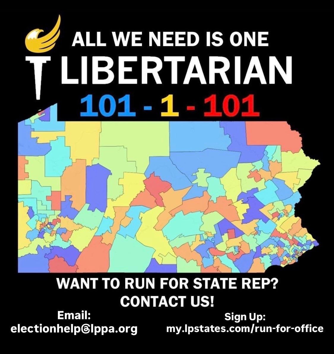 LPPAorg's tweet image. In 2026, Democrats or Republicans have to win 102 seats in the Pennsylvania House to have a majority.

Libertarians only need to win one.

Currently, there are 102 Democrats and 101 Republicans seated in the General Assembly.

If a Libertarian flips a seat, the two old parties…