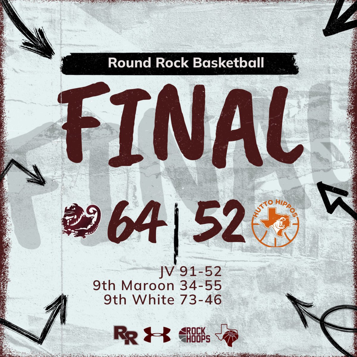 Dragons pick up a district win on the road this afternoon at Hutto! Guys locked in on the defensive end in the 2nd half to get the job done. JV and 9th White also secured victories, while 9th Maroon came up short to the Hippos. #WEoverME #SharpenTheAxe