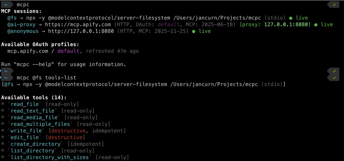 Dear @MCP_Community: after 3 weeks of late nights, 300 commits, and $300 spent on Claude Code, I’m excited to present:

𝚖𝚌𝚙𝚌 — a universal CLI client for MCP

It supports OAuth, sessions, --𝚓𝚜𝚘𝚗 for code mode, --𝚙𝚛𝚘𝚡𝚢 for sandboxes, and more

github.com/apify/mcpc