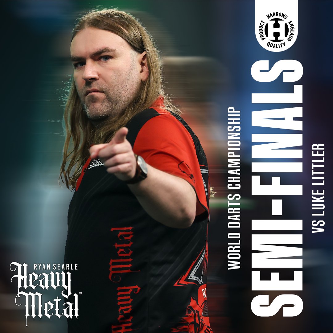 HarrowsDarts's tweet photo. Semi-Final time for Heavy Metal☠️

Catch Ryan Searle in action tonight as he takes on Luke Littler for a place in tomorrows World Championship Final.

Lets go Ryan 👊

#ryansearle #darts #dartsworldchampionship #harrowsdarts #heavymetal https://t.co/EQ093xfojC