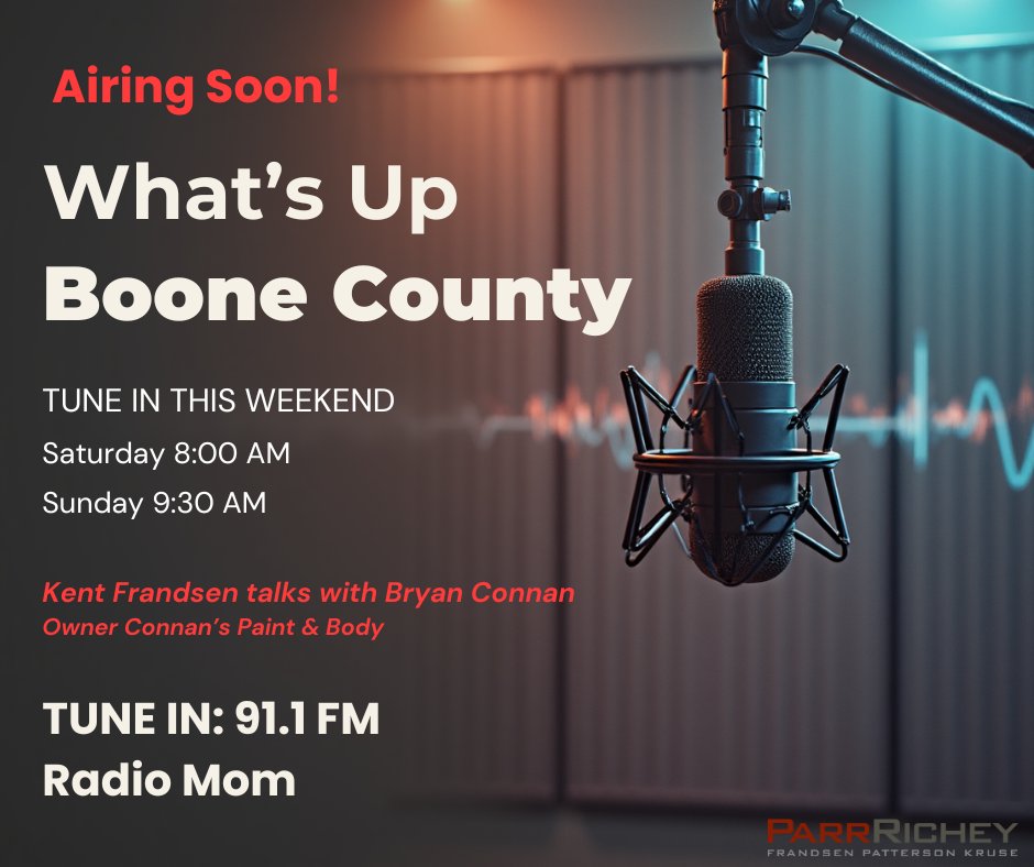 🎙️ Catch this week’s episode of What’s Up Boone County on Radio Mom 91.1 FM!

Kent Frandsen of Parr Richey talks with Bryan Connan, owner of Connan’s Paint &amp; Body.

📅 Sat 8:00 a.m.  Sun 9:30 a.m.
📻 Radio Mom 91.1 FM

#WhatsUpBooneCounty #RadioMom #BooneCounty