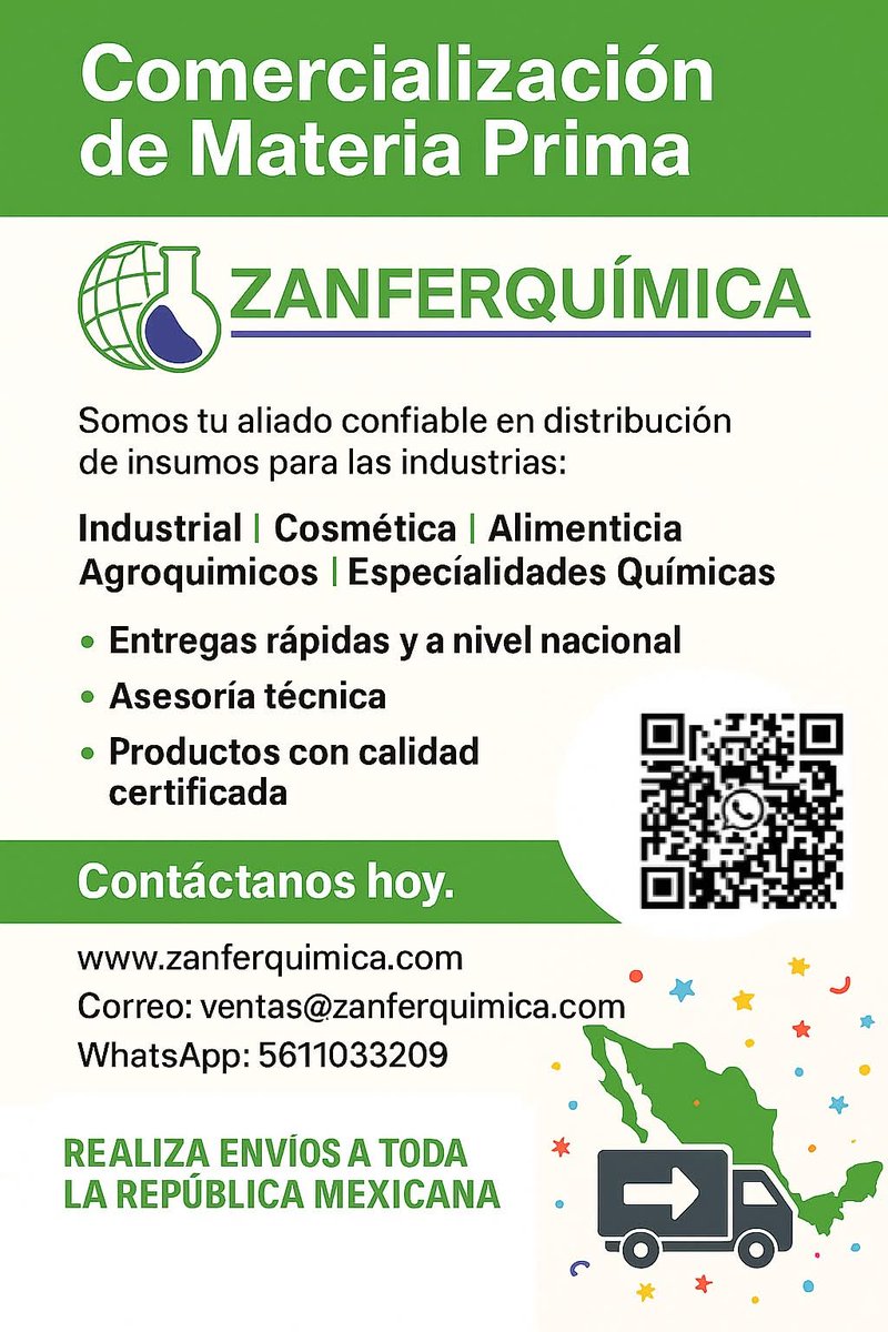 ZANFERQUIMICA's tweet photo. Venta de Materia prima 
Industrial, Alimenticio, Cosmético, Agroquímico y Especialidades químicas.
🌎 https://t.co/V9ecNqHH9W
📱 WhatsApp 5611033209
✉️ ventas@zanferquimica.com
#industria
#negocios
#insumos 
#EMPRESARIO 
#B2B 
#EmprendedoresMX 
#FoodIndustryMX
#QuimicosMx https://t.co/XYuqYgBl2k