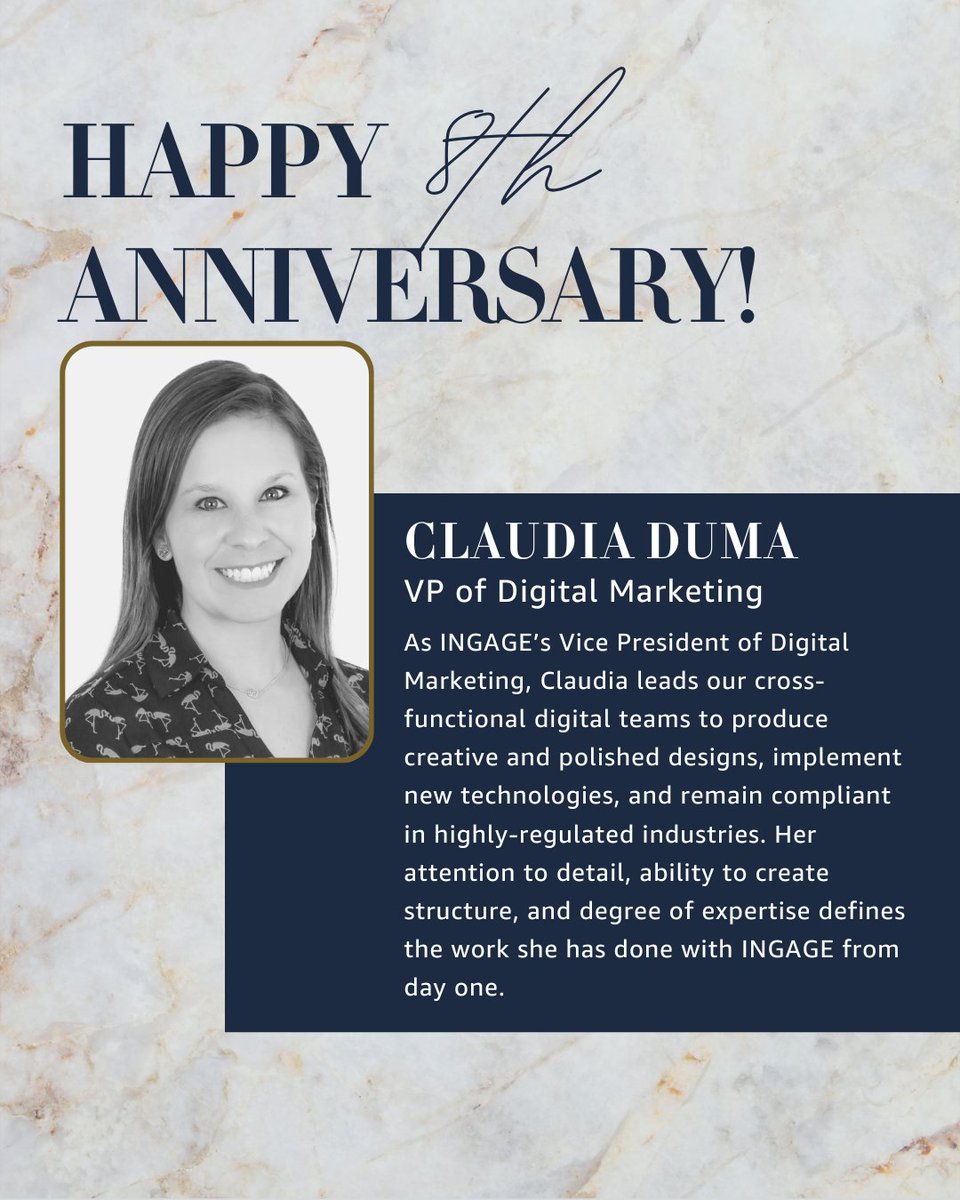 IngageBiz's tweet photo. Tomorrow, we celebrate Claudia Duma’s eighth anniversary at INGAGE! Your leadership, expertise, and steady presence make a meaningful difference every day. We’re grateful for all you do, Claudia.
#INGAGE #INGAGEversary #Leadership #DigitalMarketing https://t.co/L0qfTY7LlG