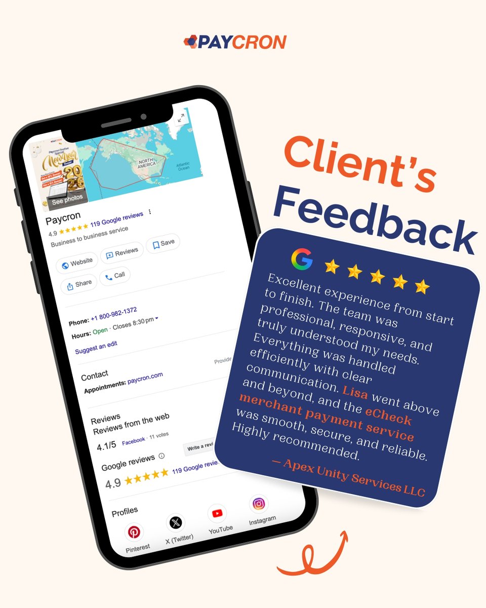 paycron_inc's tweet photo. Dear Merchant, 
Thank you for your wonderful feedback! We’re glad to hear you had a smooth experience and that Lisa supported you every step of the way.
It’s great to know our #eCheckServices made your #PaymentProcess efficient and reliable. Thank you for choosing #Paycron! https://t.co/DgYLikZG0x