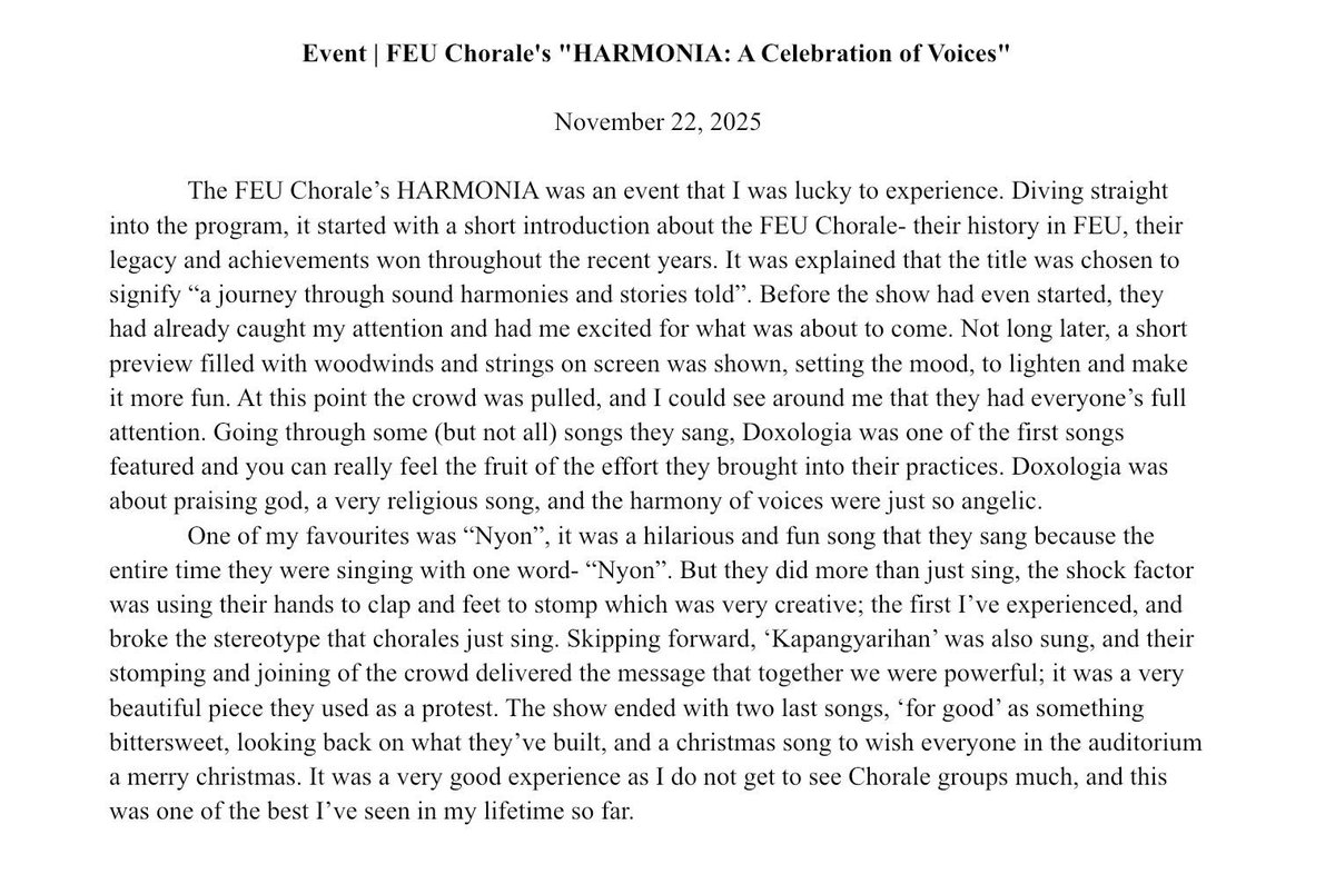 EVENT | FEU Chorale's "HARMONIA: A Celebration of Voices"| November 22, 2025 

Jazhua Allan Glenn D. Larosa | FEU Drummers 

<a href="/FEUCenterArts/">FEU Center for the Arts (FCA)</a>