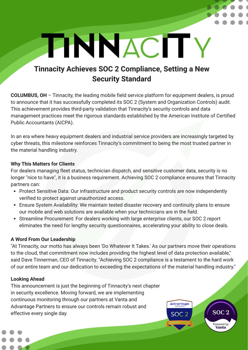 Big news! Tinnacity is officially SOC 2 compliant! 🎉 This milestone provides third-party validation of our commitment to security and customer trust. 💚 Huge thanks to the Tinnacity team, Vanta, and Advantage Partners for their expert guidance! 🙏 See full announcement below!