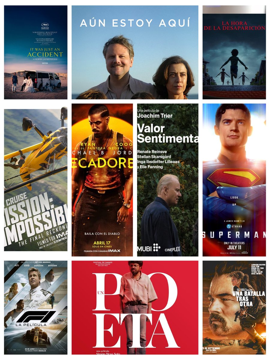 LUISCARLOSRUEDA's tweet image. Las 10 películas que más me gustaron y disfruté en 2025...
Sin orden

* Un Poeta
* Una batalla tras otra
* F1
* Misión Imposible
* Pecadores
* Valor sentimental
* Superman
* Aún estoy aquí
* La hora de la desaparición
* Fue solo un accidente
@soycinefanatico @CaracolCine