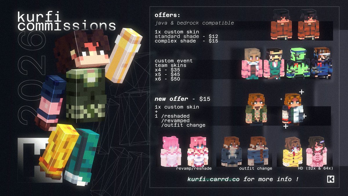 new and improved commissions for 2026! 🚨
>> new prices, &amp; a NEW special offer <<

kindly send a dm for inquiries 
and visit ko-fi.com/kurfi/commissi… !

kurfi.carrd.co