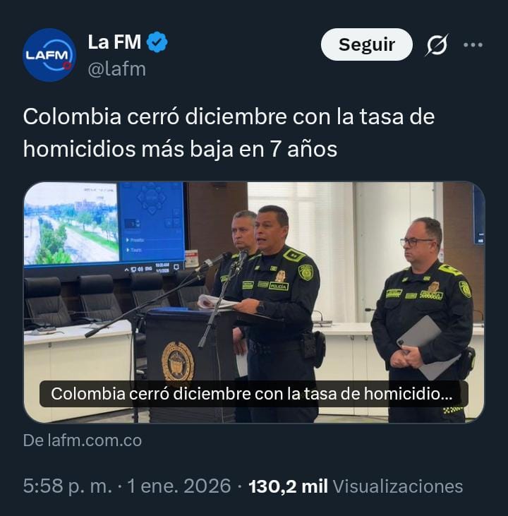 ✅ Colombia cerró diciembre con la tasa de homicidios más baja en 7 años.

La seguridad no se mide en número de bajas ('Seguridad Democrática' le llaman algunos), se mide en reducción de muertes violentas. ¡Muy bien, presidente Petro!