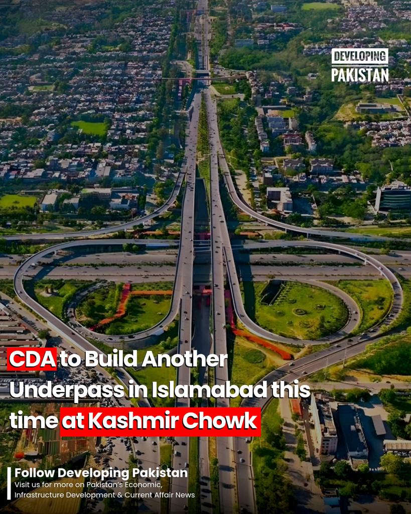 developingpak's tweet photo. After the successful inauguration of the #ShaheenChowk, the #CapitalDevelopmentAuthority (#CDA) has approved plans to build another underpass in Islamabad, this time at #KashmirChowk, in a bid to tackle one of the capital’s most persistent traffic bottlenecks.
The decision was taken during a special meeting at CDA Headquarters, chaired by Federal Interior Minister #MohsinNaqvi. Officials briefed the meeting on various public welfare schemes, after which it was agreed to construct a “Smart Underpass” at Kashmir Chowk to ensure smoother traffic flow on key connecting routes