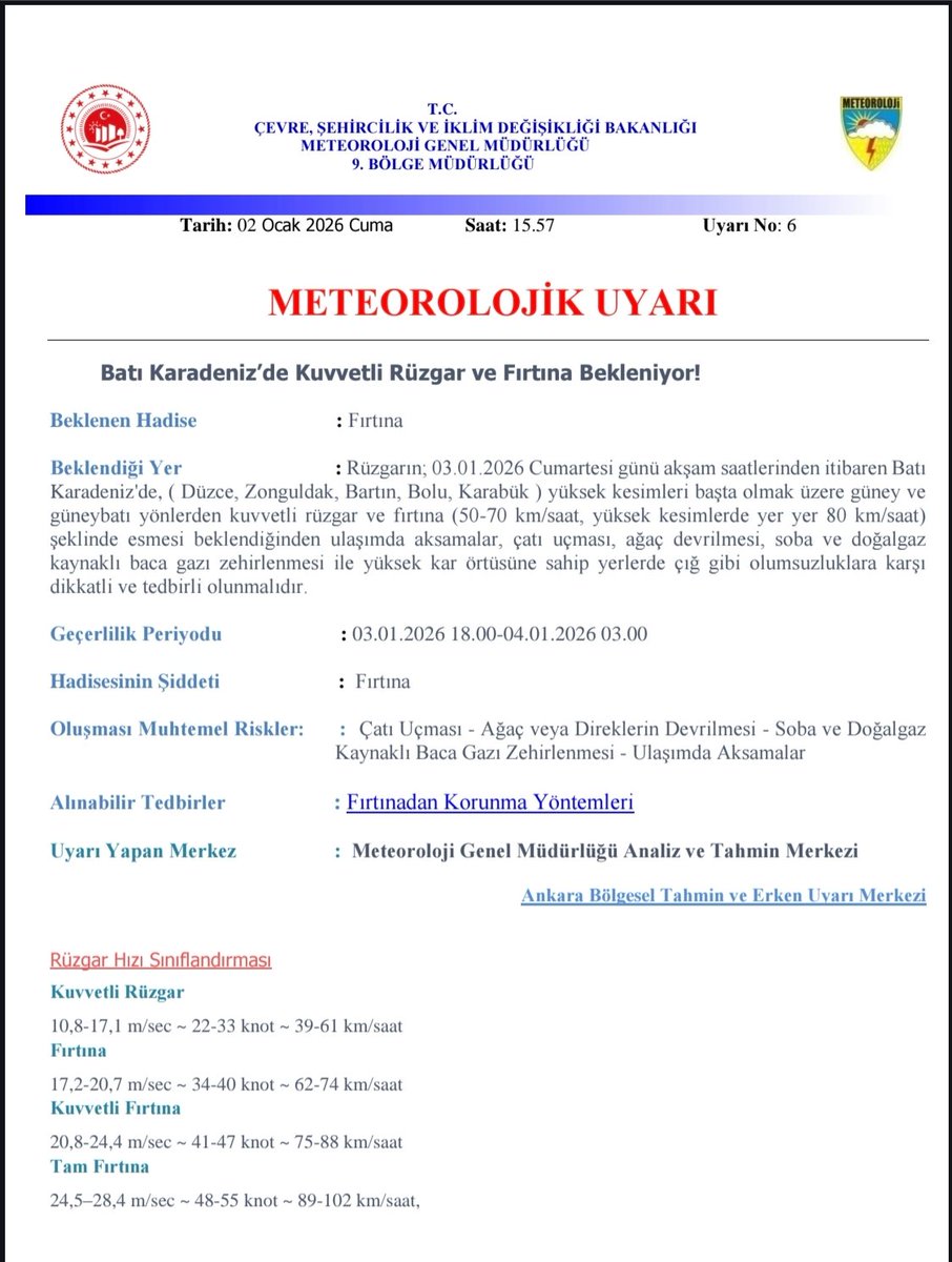 🌪️❄️METEOROLOJİK UYARI❄️🌪️

03.01.2026 Cumartesi günü 18.00 ile 04.01.2026 Pazar günü 03.00 saatleri arası ilimizde rüzgarın, Güney ve Güneybatı yönlerden kuvvetli rüzgar ve fırtına (50-70 km/h, yüksek kesimlerde yer yer 80 km/h) şeklinde esmesi beklenmektedir.

#Fırtına 
#bolu