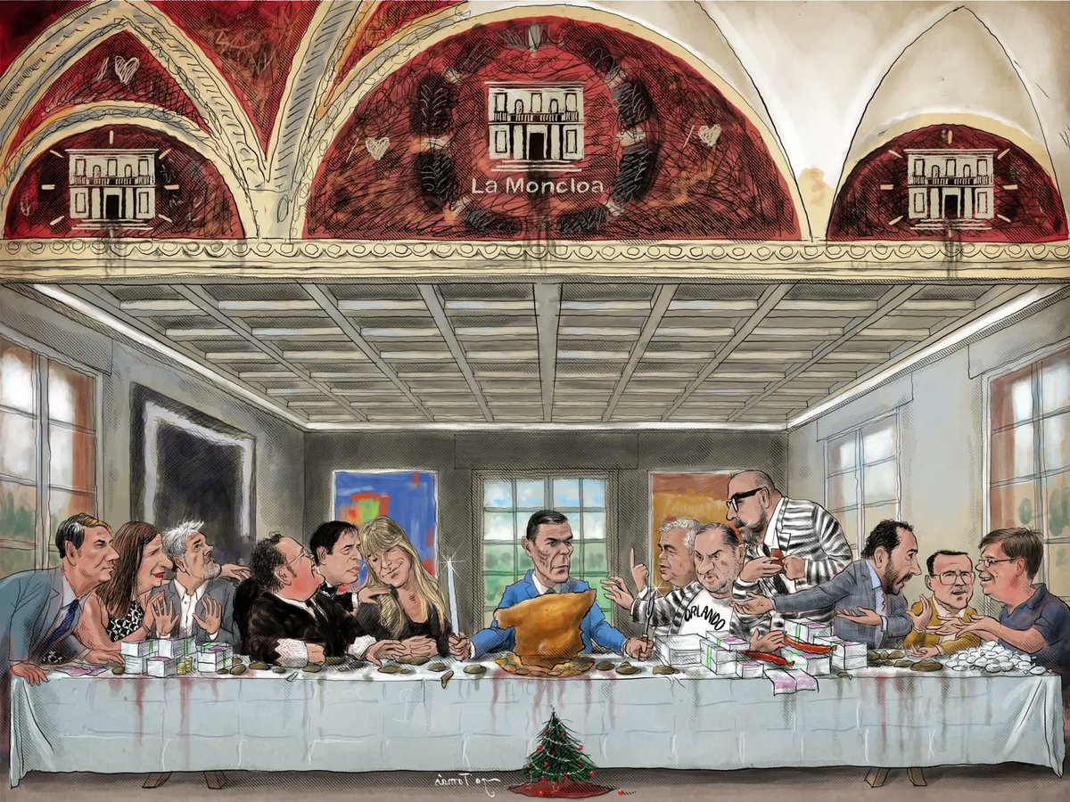 <a href="/DZasken68678/">DER ZASKEN</a> <a href="/OrtizLiberal/">Daniel Ortiz 🇮🇱🇪🇸</a> Este cuadro es una joya.
Una Última Cena versión Moncloa, con turrón, fajos de billetes y hasta presos con traje a rayas. Más que una cena, parece una reunión de imputados con catering navideño.
Pedro Sánchez en el centro, como buen Mesías del relato, rodeado no por apóstoles.