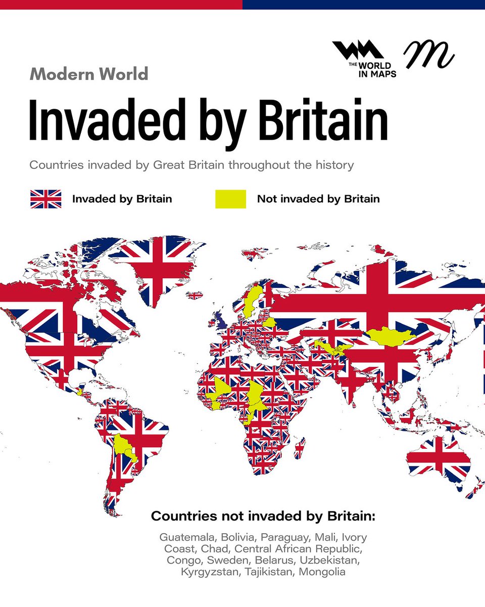 BrilliantMaps's tweet image. 90% of The World’s Countries Have Been Invaded By Britain At Some Point

The remaining 10%: 👀

Full list of those not invaded: brilliantmaps.com/invaded-by-bri…