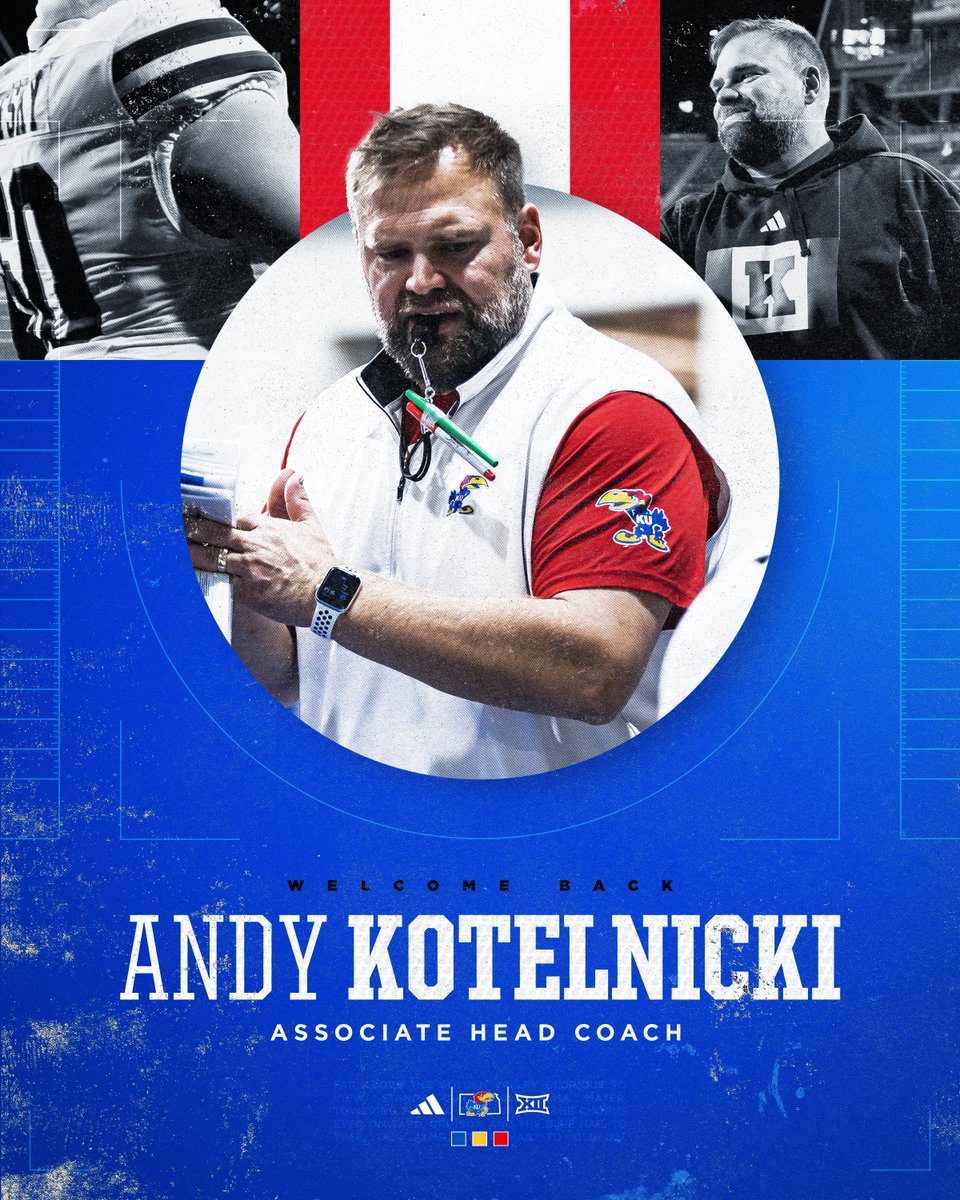 KU_Football's tweet image. Back on Kansas soil.

We’re excited to welcome back Andy Kotelnicki as our Associate Head Coach 🔴🔵

🔗→ bit.ly/45xqe4o
